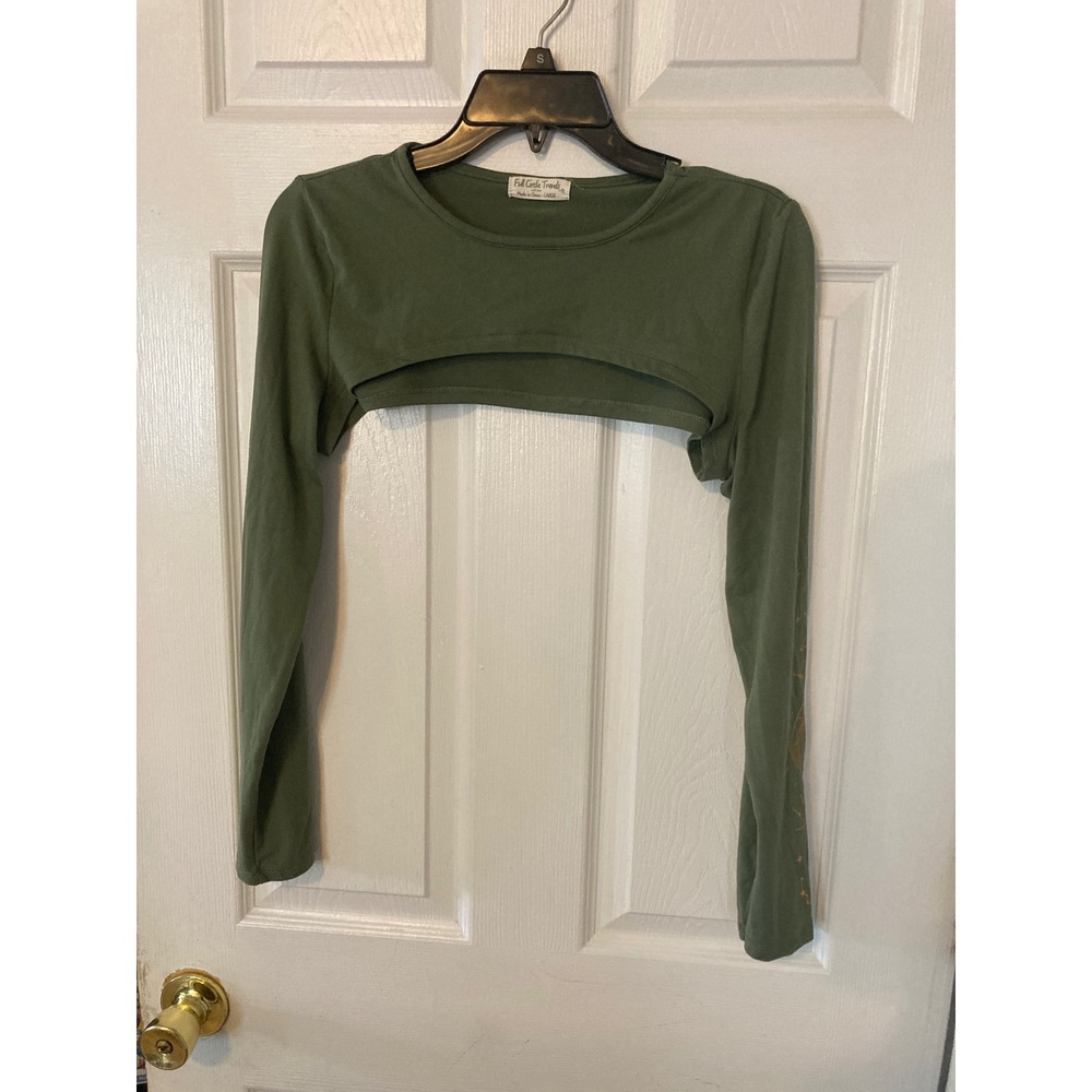 Full Circle Trends‎ Olive Green Celestial Sleeve Graphic Shrug Crop Top Large